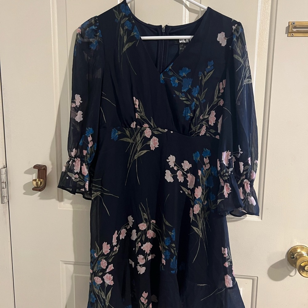 DKNY Navy Floral Long Sleeve Dress